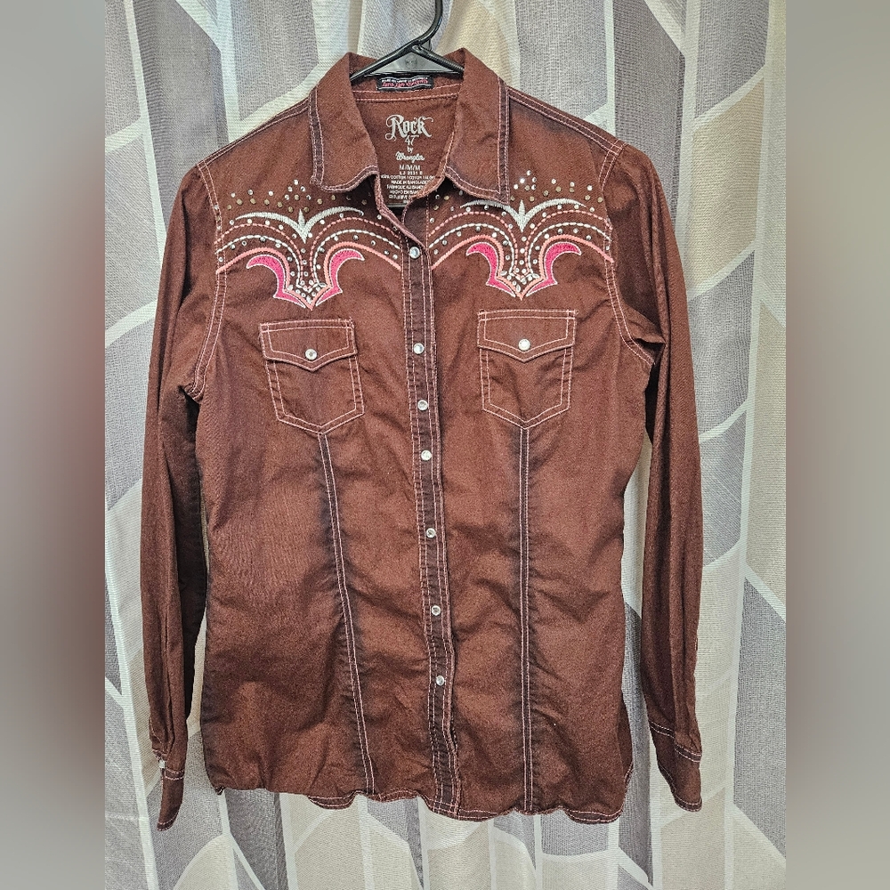 Brown Western Shirt with Pink Embroidery